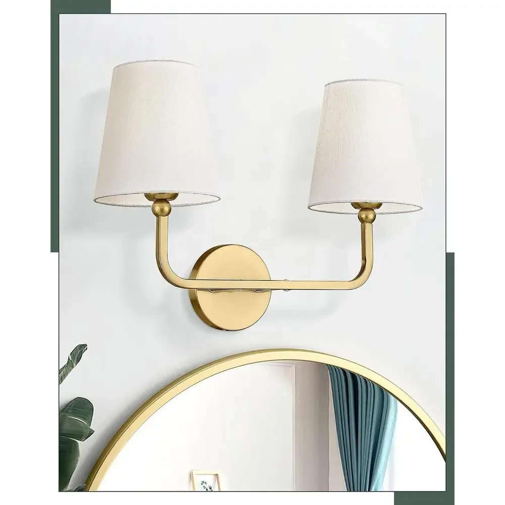 2-Light Brushed Gold Bathroom Vanity Light with White Fabric Shades